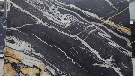 Copacabana leathered black granite slab with gold veining, batch 1540B-2G