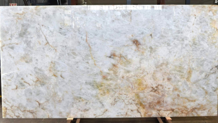 Cristallo White polished quartzite slab with gold rust veining, batch 1454-1Q
