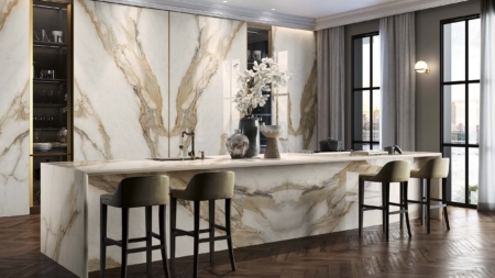 Infinity Calacatta Hermitage Porcelain Slabs Kitchen Island