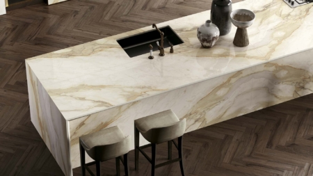 Infinity Calacatta Hermitage Porcelain Slabs Kitchen Island