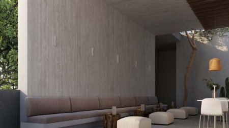 Infinity Travertino Chiaro Porcelain Slabs Pool Floor and Wall