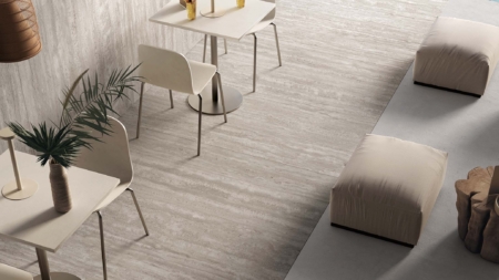 Infinity Travertino Chiaro Porcelain Slabs Cafe Floor and Wall