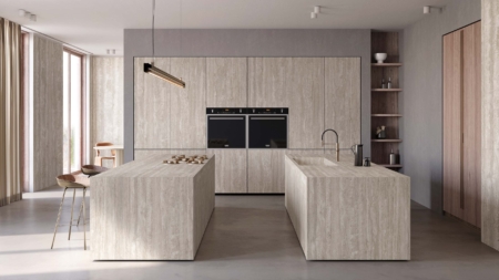 Infinity Travertino Chiaro Porcelain Slabs Kitchen