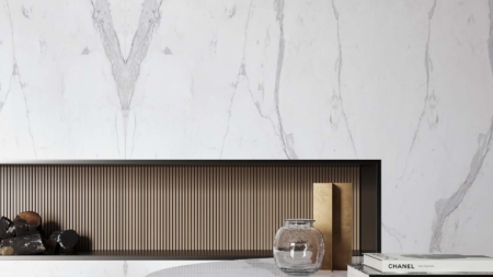 Infinity Statuario Principe Porcelain Slabs Living Area
