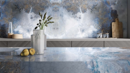 Infinity Thunderstorm Porcelain Slabs Kitchen Island and Splashback