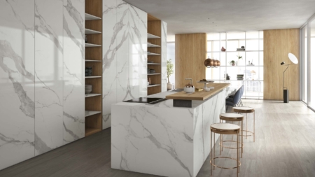 Infinity Classic Statuario Porcelain Slabs Kitchen Island