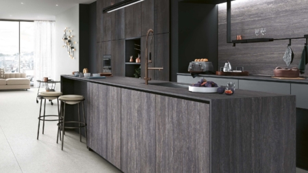 Infinity Travertino Grey Porcelain Slabs Kitchen Island Waterfall