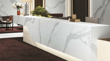 Infinity Classic Statuario Porcelain Slabs Hotel Lobby