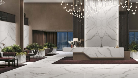 Infinity Classic Statuario Porcelain Slabs Hotel Lobby