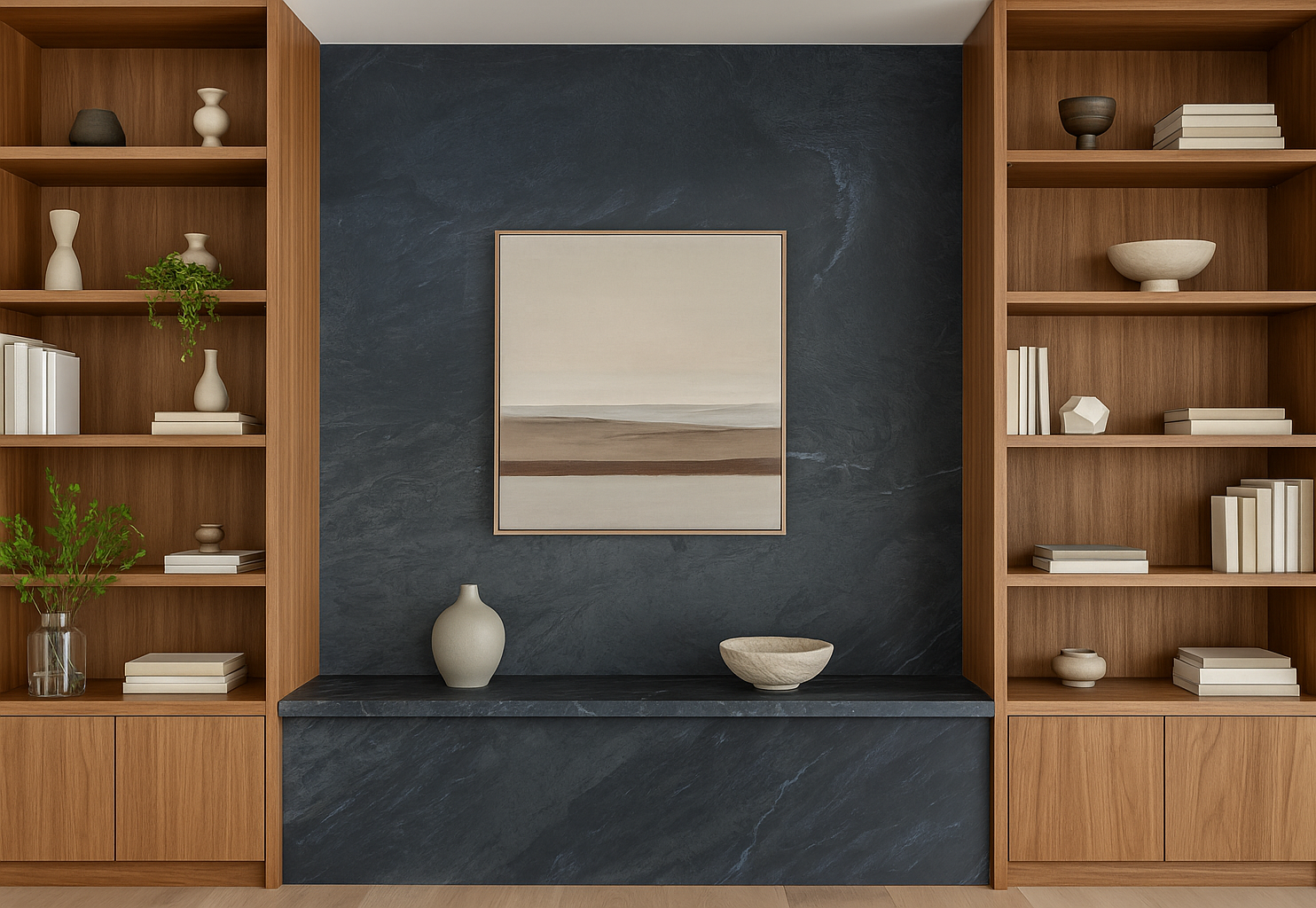 Dark slate feature wall and hearth in a living room