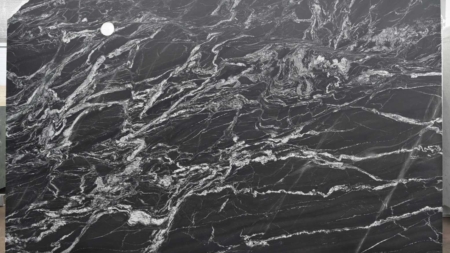 Storm Black leathered granite slab with grey veining, batch 1521-2G