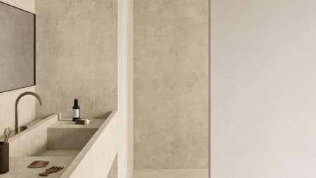 Infinity ARKEON Fossil Porcelain Slabs Bathroom
