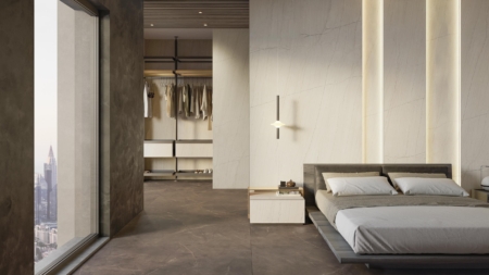 Infinity White Macaubus Porcelain Slabs Bedroom