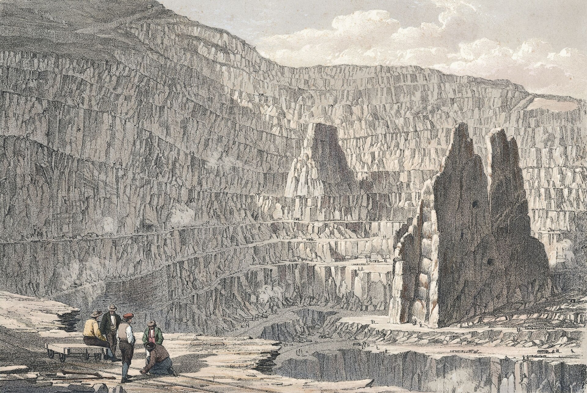 1852 lithograph of Penrhyn Slate Quarry in Wales, with terraced quarry walls and workers in the foreground